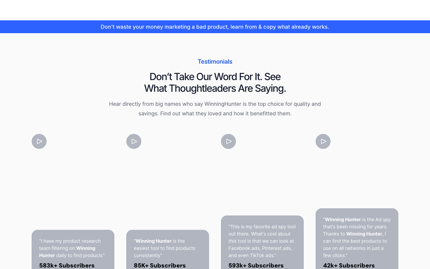 Official WinningHunter page area showing support, testimonial, and product information sections.