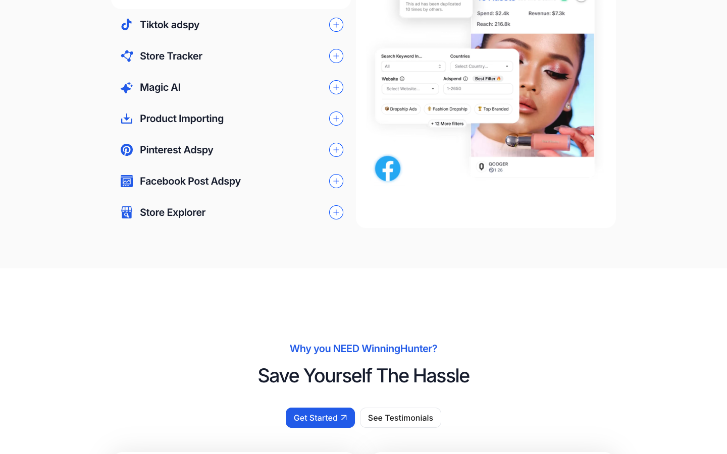 Official WinningHunter feature section with ecommerce research modules.