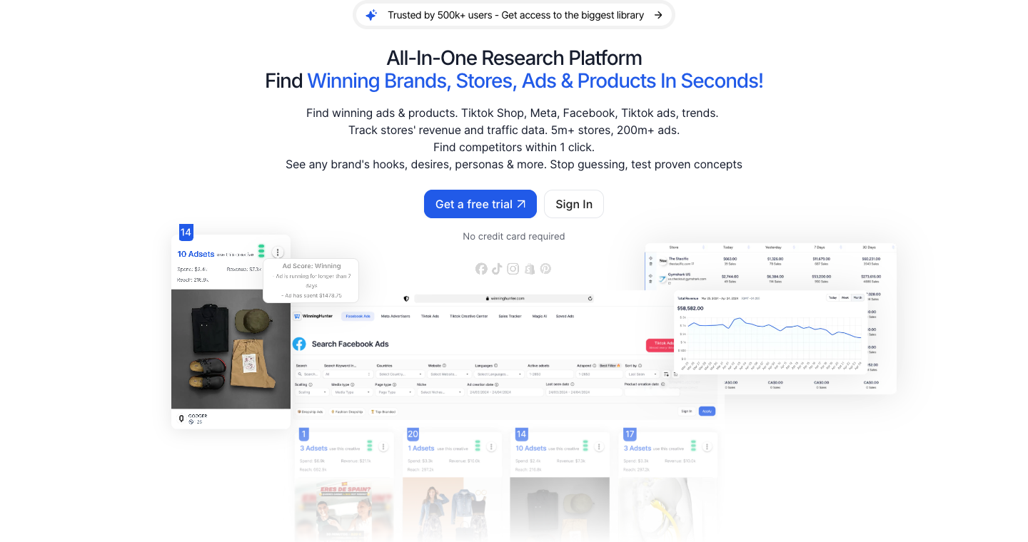Official WinningHunter homepage showing the ecommerce research platform hero and dashboard preview.